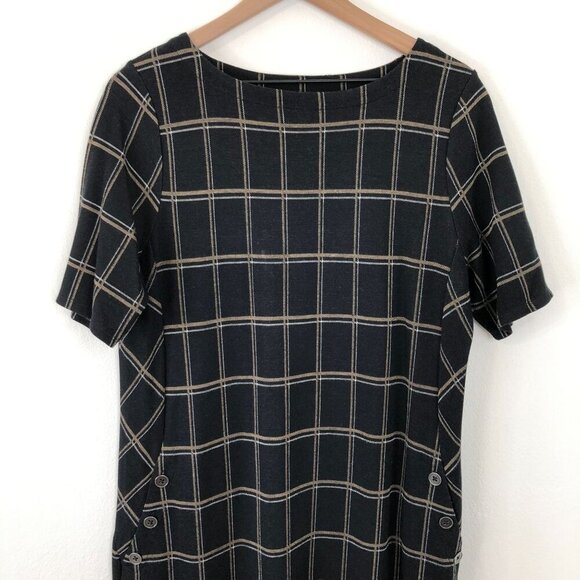 J.Jill Ponte Dress Women Medium Black Open Pane Plaid Short Sleeve Pockets - Picture 2 of 11
